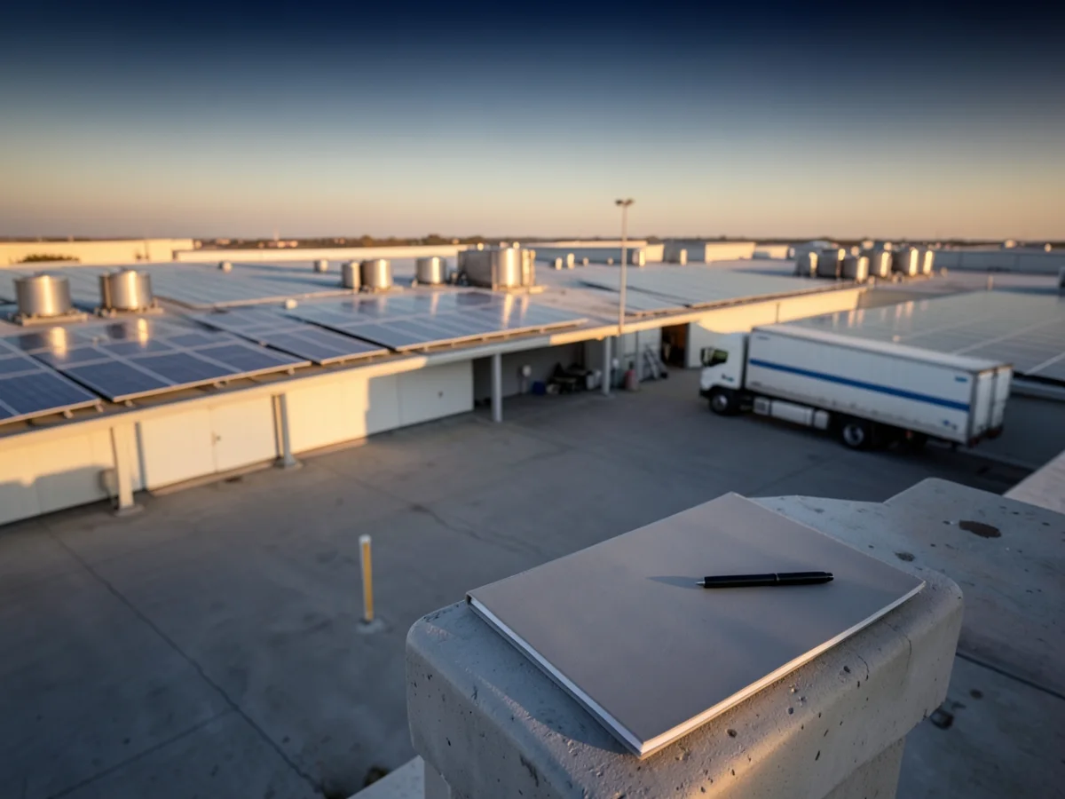 Entrepôt frigorifique avec panneaux solaires en toiture, camion frigorifique à quai et dossier technique posé au premier plan